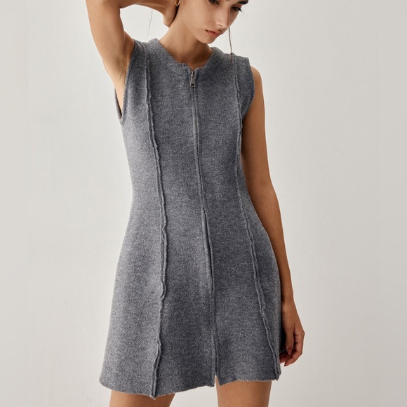 Gray knit Zip Down Piping Short Sweater Dress - Picture 4 of 7